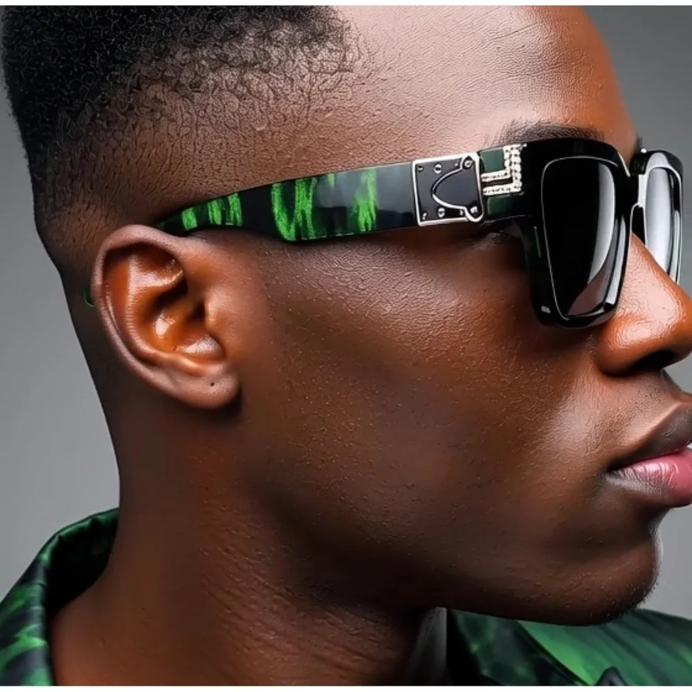 Men's Square Frame Sunglasses Green Fashion Shades Hip Hop Cholo Dark Black Lens